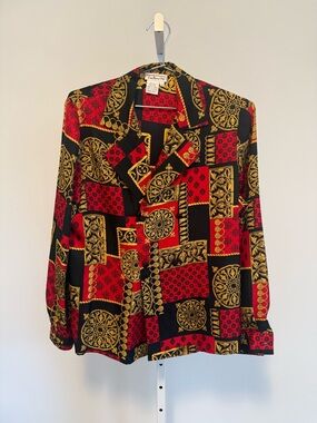 Talbots Black, Red & Gold Baroque Patchwork Silk Blouse